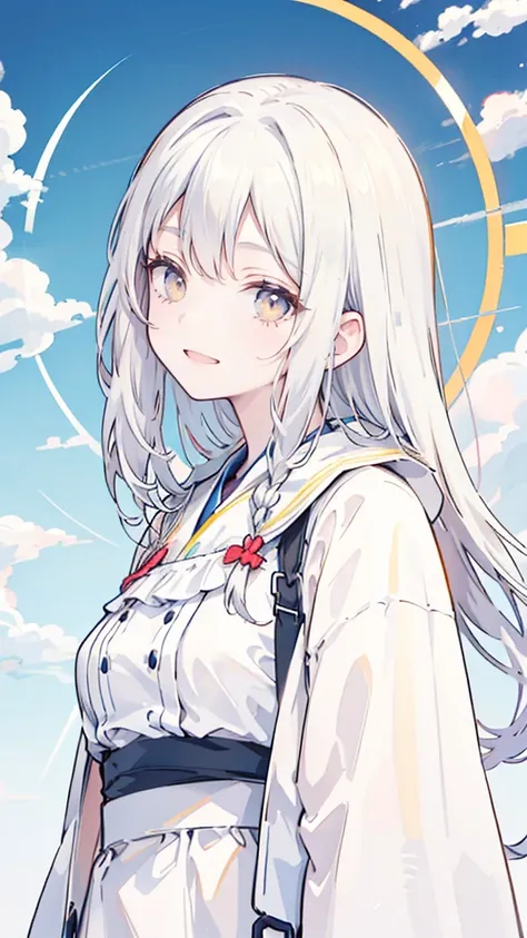 Top quality, High image quality, masterpiece, White hair, Golden Eyes, White clothes, look up, Upper Body, Hair, White skin, Side Braid, Smile, Double teeth