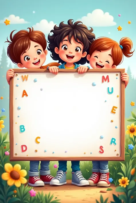 Create a cute and creative English vocabulary book cover for little kids featuring several boys and girls holding a blank sign 