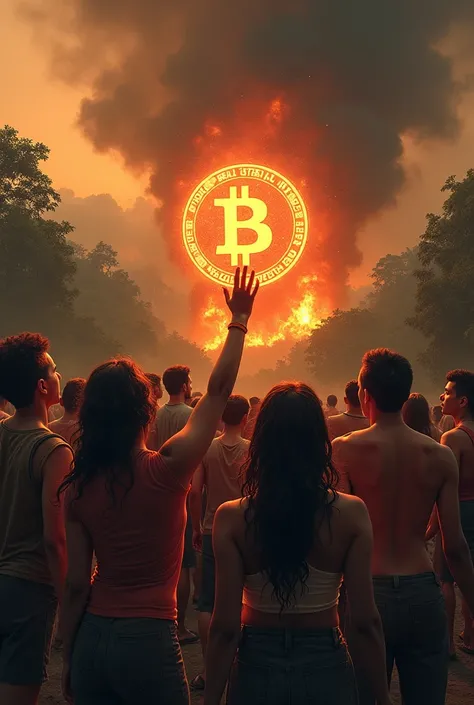 Realistic image of Brazil on fire and Bitcoin saving people