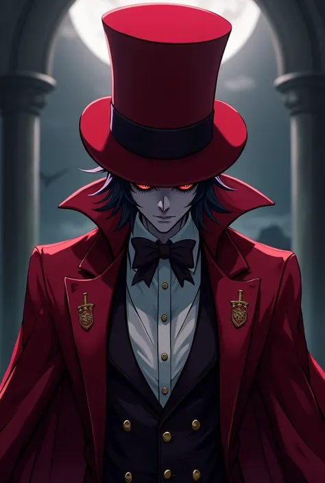 Create the image of a vampire with a suit and a top hat all in red, with rpg theme make it anime style, cover your eyes with the top hat