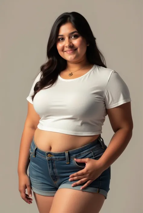 A Pakistani girl. Cute and beautiful. Heavy body shape. Fat girl. Real face. Wearing shorts and tshirt. High Resolution, fat girl. Full picture. Big boobs girl.