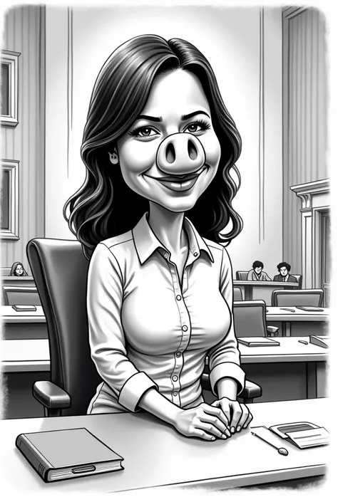 Sarah Duterte with pig nose shes sitting on the table in the Senate caricature black and white 