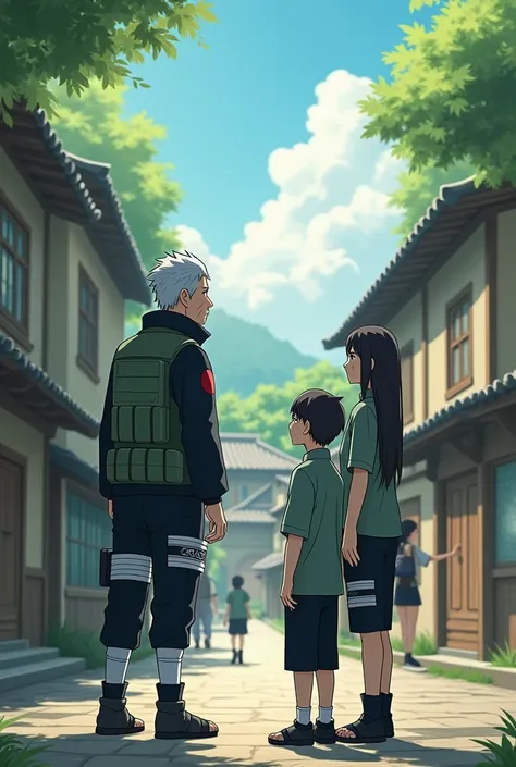 Kakashi without mask in its village with his three students 