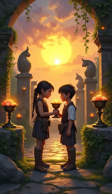 Design the 6 of Chalices for the Primal Sorcerer Tarot, set in a mystical, ancient garden under a golden sunset. In the center, two young children dressed in rugged, barbaric attire share a moment of innocence and nostalgia. One child, a girl with braided ...