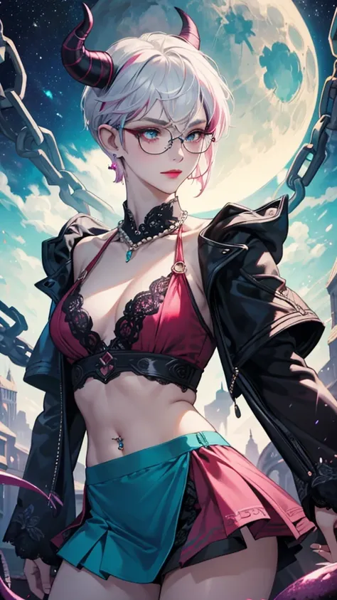 8k, masterpiece, best quality, highly detailed, 1 girl, tiefling, warlock, pixie cut, multicolored hair, very short straight hair red highlight hair on white hair, strippled hair, wearing glasses, round glasses, earrings, navel piercing, red eyeshadow, lon...