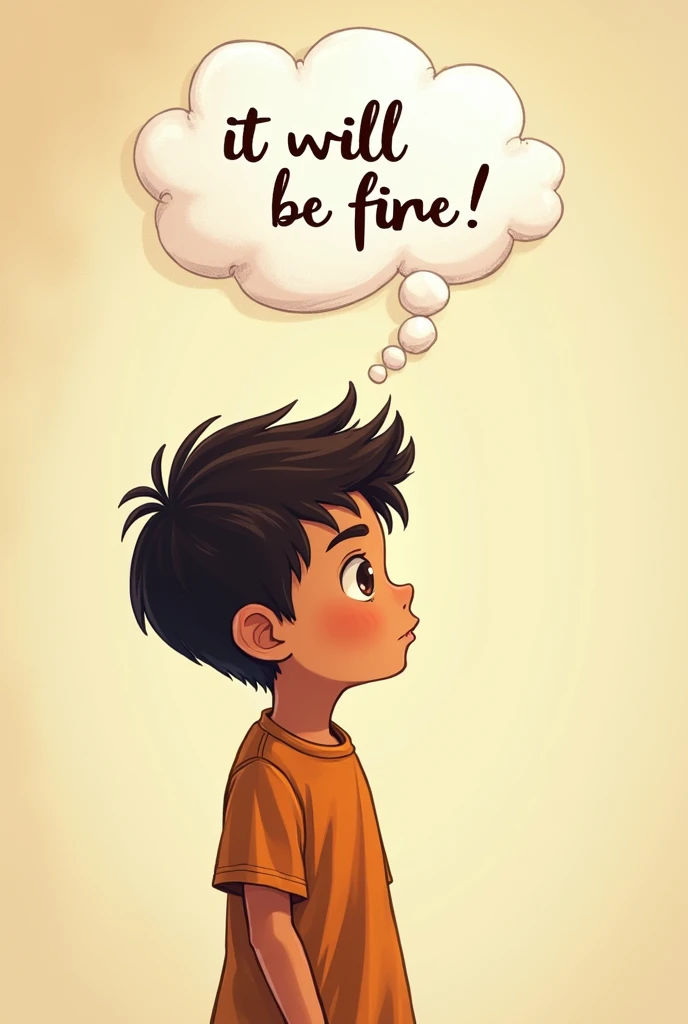 A boy with a thought bubble that says " It will be fine" in Spanish 