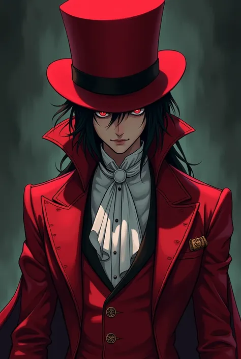 Create the image of a vampire with a suit and a top hat all in red, with rpg theme make it anime style, cover your eyes with the top hat, your eyes have to be completely black
