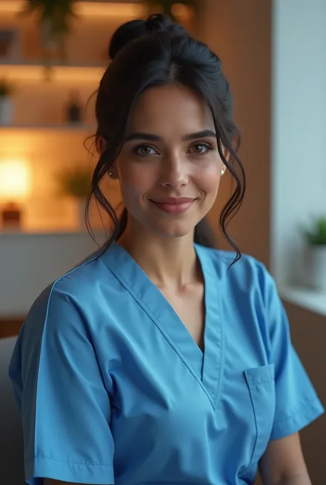 pakistani doctor, blue scrubs, aesthetic clinic, sitting in a facial clinic, beautiful detailed eyes, beautiful detailed lips, extremely detailed face and features, intricate details, photo-realistic, 8k, high resolution, masterpiece, cinematic lighting, d...