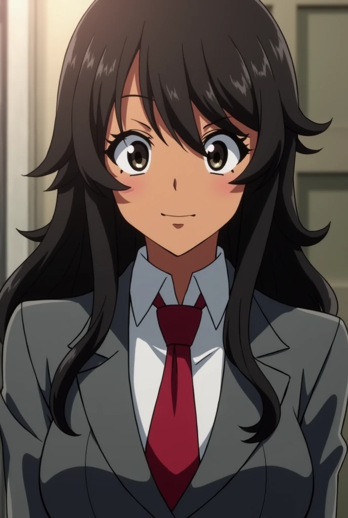 Boku no hero academia screenshot, beautiful woman, dark brown skin tone, long curly dark brown hair, slanted eyes, dark eyes, relaxed expression, uniform gray coat red tie