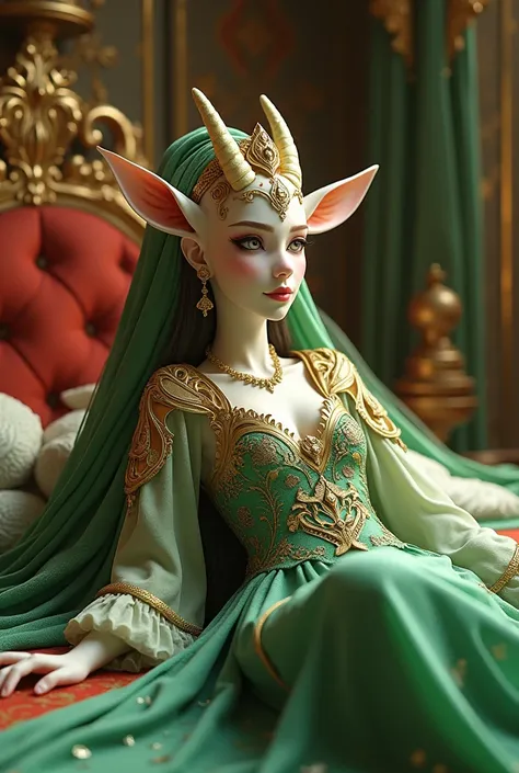 araffe dressed in green and gold laying on a bed, a beautiful fantasy empress, lady palutena, deviantart artstation cgscosiety, epic 3 d oshun, qiyana, samira from league of legends, 3 d render character art 8 k, 8k high quality detailed art, goddess. extr...