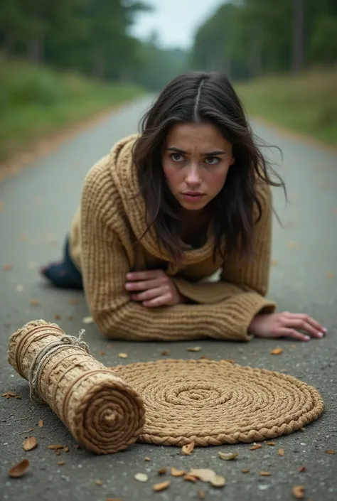 Two small native woven matts on the road. One matt is rolled up. The other matt is wrapping around a female human with having a fear expression.