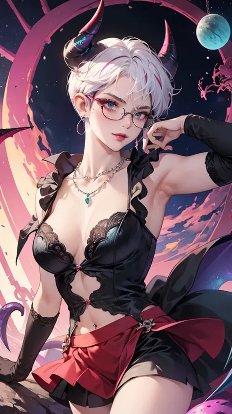 8k, masterpiece, best quality, highly detailed, 1 girl, tiefling, warlock, pixie cut, multicolored hair, very short straight hair red highlight hair on white hair, strippled hair, wearing glasses, round glasses, earrings, navel piercing, red eyeshadow, lon...