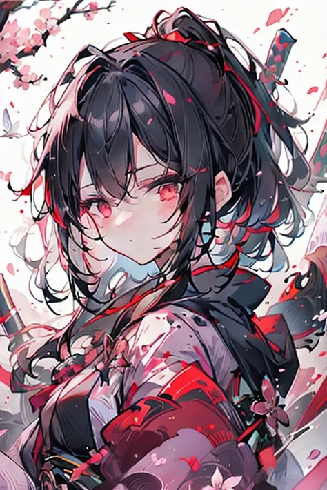 1 person、Night City、rain、Sleeveless kimono、Black-haired、Holding a bloody weapon、Looking into the camera、Cherry blossoms fluttering