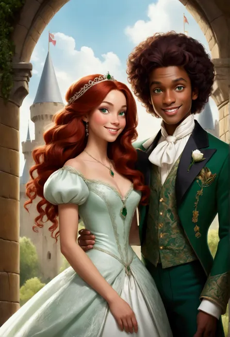 Make a photo of a prince and princess couple in Victorian times in real format, running out of a castle hand in hand, they are laughing a lot, and the castle has a wedding decoration.

The princess is aged 18 and wears a long, puffy emerald green dress., w...