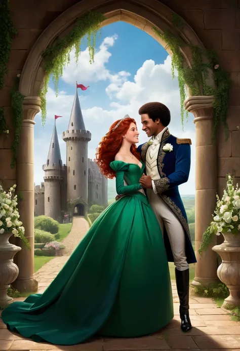 Make a photo of a prince and princess couple in Victorian times in real format, running out of a castle hand in hand, they are laughing a lot, and the castle has a wedding decoration.

The princess is aged 18 and wears a long, puffy emerald green dress., w...