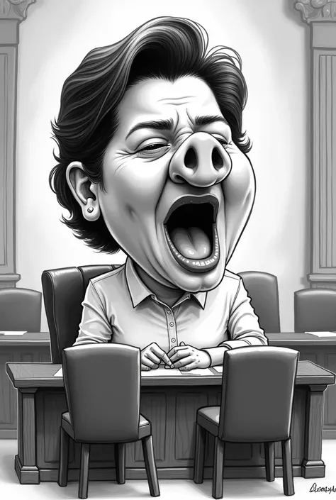 Vice president Sarah Duterte with pig nose shouting with 4 chairs in her front shes sitting on the table in the Senate caricature black and white 