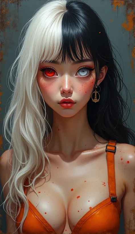 Realistic oil painting from Marvel comics 200s style : A Korean woman, 19 years, with long half white half black hair with orange highlight, and bangs, heterochromia red right eye and white left eye, slepy eyes, freckles all over your body and face, arched...