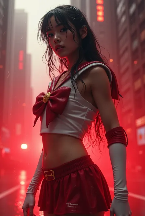 an Epic Masterpiece of a Beautiful Female Sailor Moon soaking wet from rain , action scene, determined expression, lips parted , up view, unique camera angle, Epic landscape, photorealistic, intricately detailed, 64k UHD resolution, depth of field, cinemat...