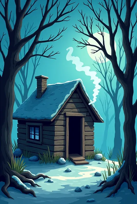 **Cold Wind from the Hut**: A chilling wind blowing out from the dark interior of the hut, making the surrounding trees shiver in cartoon 