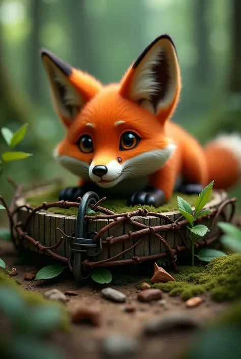  In 3D animation style .Close-up of the trap made by the fox, covered with leaves and branches.