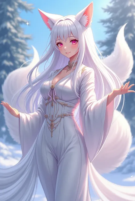 anime female character, long white hair, pink eyes, snow white complexion, with fox ears and nine fox tails,  Long kimono suit with a bow 