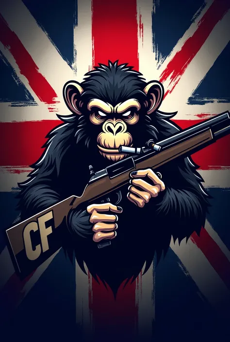 CREATE AN E-SPORTS TEAM LOGO WITH A MONKEY SMOKING AND HOLDING A RIFLE IN THE LOGO AND PLACE IT "CF" FEATURED IN THE LOGO, with the flag of England


