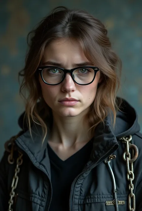  Raw photo a 21yo Ukrainian woman wearing black glasses with an exahusted face, jacket with chains 