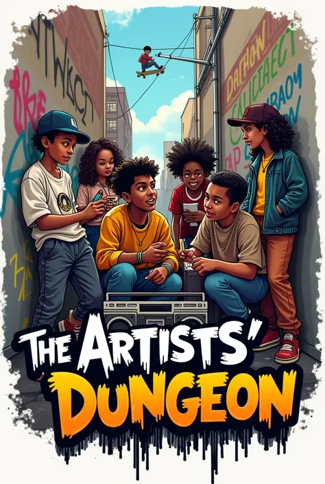 A logo with an alley where some kids are doing doodles, in the logo say: the artists&#39; dungeon with the lyrics dripping and there are also some kids rapping with a retro hip hop style radio on their shoulder and in one corner in the background you can s...