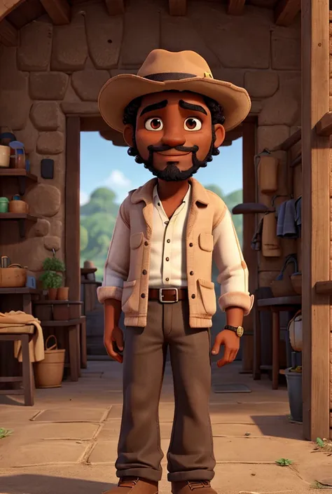 Roberto dark-skinned man 3, short curly hair , thin beard, country clothes and hat 


