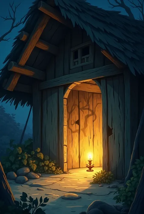 **Dim Light Inside Hut**: A faint, flickering light glowing inside the old hut, casting eerie shadows on the walls in cartoon 