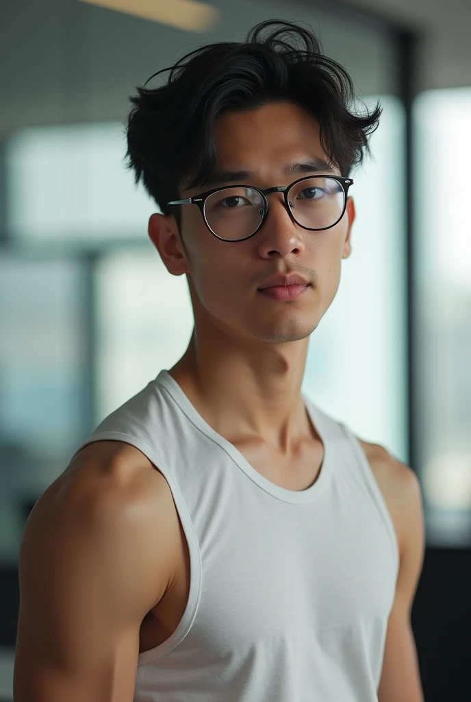 A office Asian young man 2 with glasses  , wearing a bit sleeveless shirt, dont have much muscle