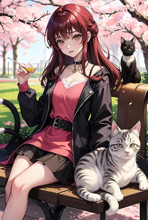 Anime-style cats and kittens in a park full of cherry blossoms, at a  party