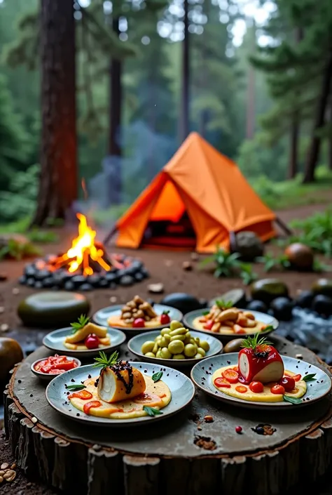 create an AI photo of a campsite using cool food and a simple forest 