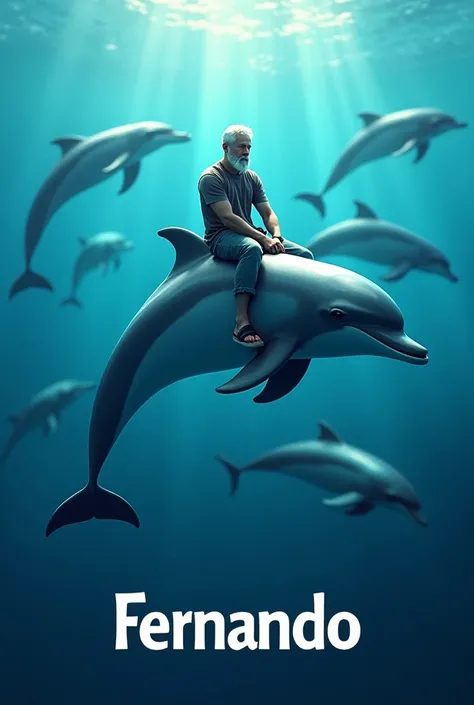 Created Disney Pixar movie poster of a dolphin, deep in the ocean, holding a young man platinum gray bearded human, riding dolphin along with other dolphins, from the movie title appears at the bottom, title from the movie “Fernando”, 3D rendering, poster