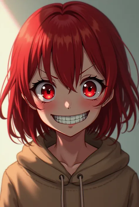 Create an anime girl, redhead and bright red bulging eyes ,with an evil look and smile, with warm clothes 