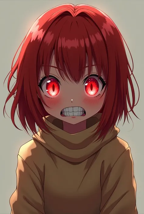 Create an anime girl, redhead and bright red bulging eyes ,with an evil look and smile, with warm clothes 