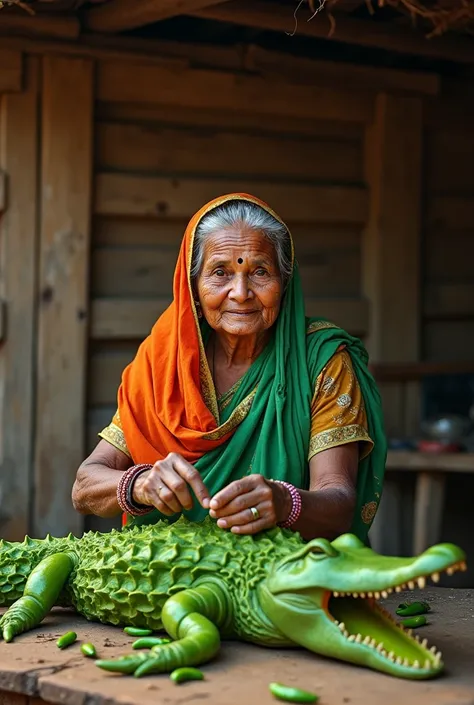 A photo of a poor old Indian woman making a large crocodile out of green chilies. The woman is wearing a traditional Indian sari. The background is a rustic setting with wooden planks and a thatched roof. The lighting is warm and soft.
