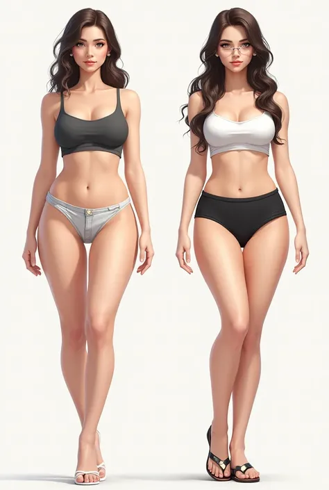 A girl with a height of 153 cm and body measurements of 90 cm bust and 70 cm waist and 95 cm hips and another girl with a height of 153 cm and 85 cm bust and 65 cm waist and 90 cm hips 