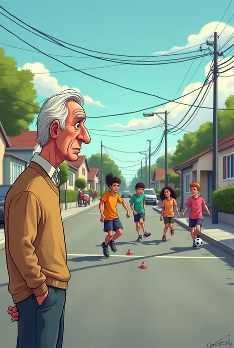 Cartoon of a man watching teenage street football from a distance 