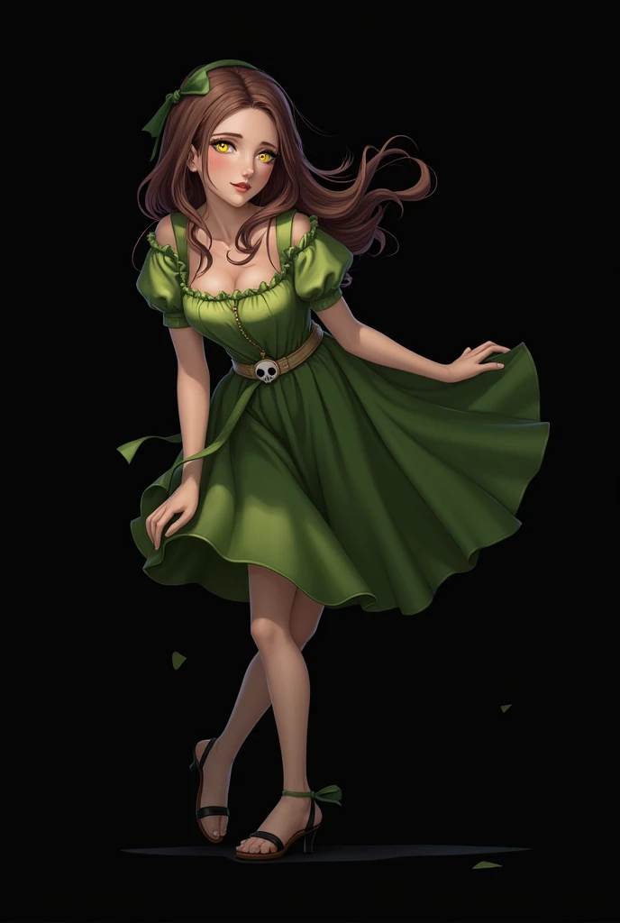 （（（Perfect figure，figure，odelschwanck，green clothes，（（（In the, long hair, facial mark, hair between eyes,  skull,skirt，yellow eyes））），S-shaped figure:1.7））），((masterpiece)),high resolution, ((Best quality at best))，masterpiece，quality，Best quality，（（（ Exqu...