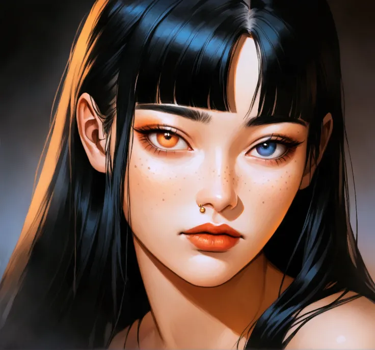 Realistic oil painting from Marvel comics 200s style : A Korean woman, 19 years, with long half white half black hair with orange highlight, and bangs, heterochromia red right eye and white left eye, slepy eyes, freckles all over your body and face, arched...