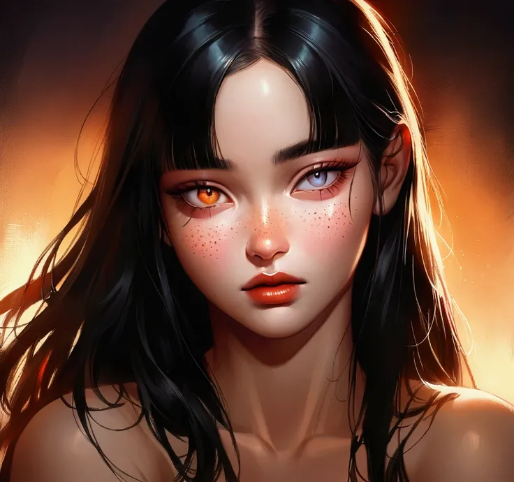 Realistic oil painting from Marvel comics 200s style : A Korean woman, 19 years, with long half white half black hair with orange highlight, and bangs, heterochromia red right eye and white left eye, slepy eyes, freckles all over your body and face, arched...