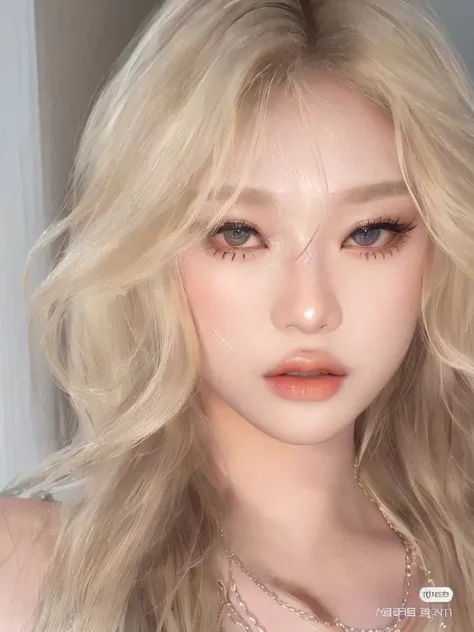 a close-up of a woman with long blonde hair and a necklace, roseanne park by blackpink, south korean popular makeup, popular kor...