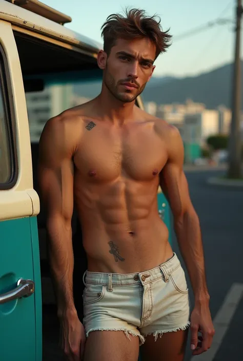 naughty man, carioca from the heart, lean defined, beautiful face and body, no fur, funk artist, resident of Rocinha, Bermuda shorts falling down marking, light brown color, short hair, leaning against the van, sultry posing, PICTURE REALISTIC, sharp face,...