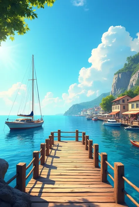 A rustic seaside town pier, view towards the sea, fishing boats and a yacht in the water, clear and bright day, cheerful and tranquil atmosphere, (best quality,4k,8k,highres,masterpiece:1.2),ultra-detailed,(realistic,photorealistic,photo-realistic:1.37),se...