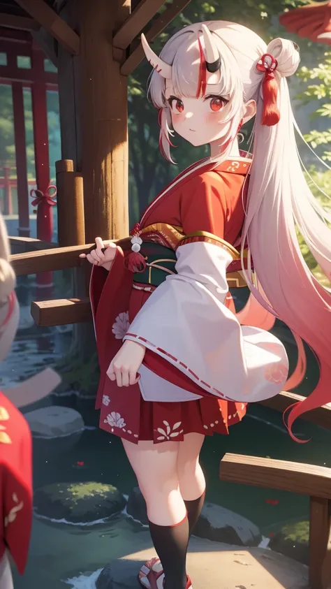 ((masterpiece,best quality)),outdoor, Red Torii, Tree,  stairs,, 2 girls, Shrine maiden,Shrine maiden, Looking at the audience, look back,, Red Legwear, red Ribbon, Black Hair,樱flower, sky, flower, Hair Bun, hair Ribbon, Japanese clothes, kimono, Long hair...