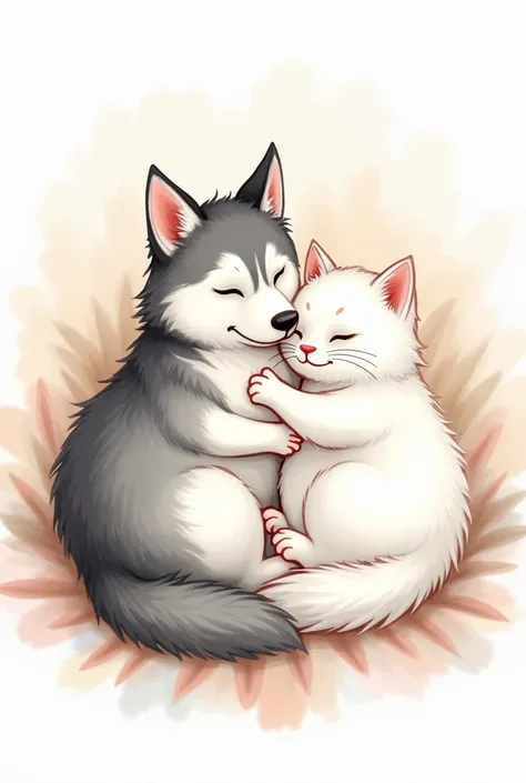 husky dog and white cat draw watercolor painting simple like the reference of memes or they sleep next to each other like loisvb would draw this