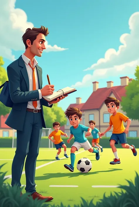 Cartoon of a talent scout watching young teenagers playing football 