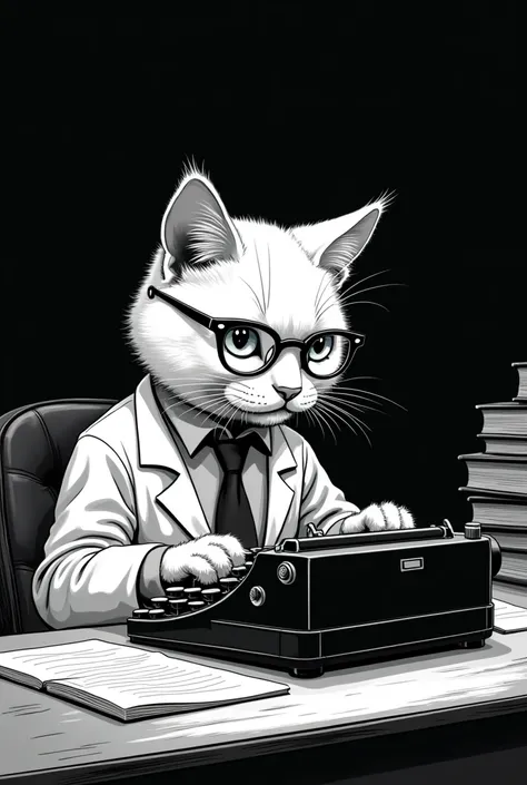 create a cat with glasses,  that I&#39;m writing on a computer for a comic that is in black and white and looks more serious, is teacher
