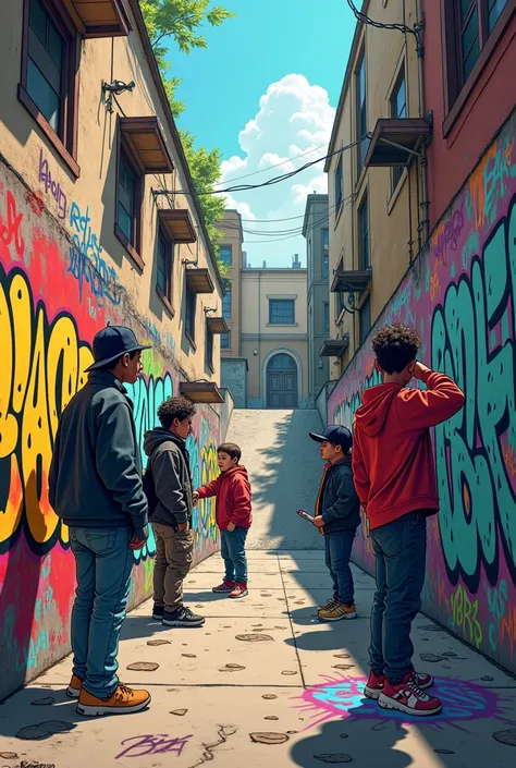 like a graffiti-covered alley A title that says: The Artist Dungeon in lyrics like drip and white street kids rapping with retro hip-hop style radio skate ramp in the background Kids graffitiing Kids rapping Cartoon style Showing the organic nature of maki...